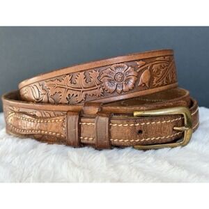 Vintage Men's Hand Tooled Bown Leather Belt Size 32 Brass Buckle WESTERN Floral